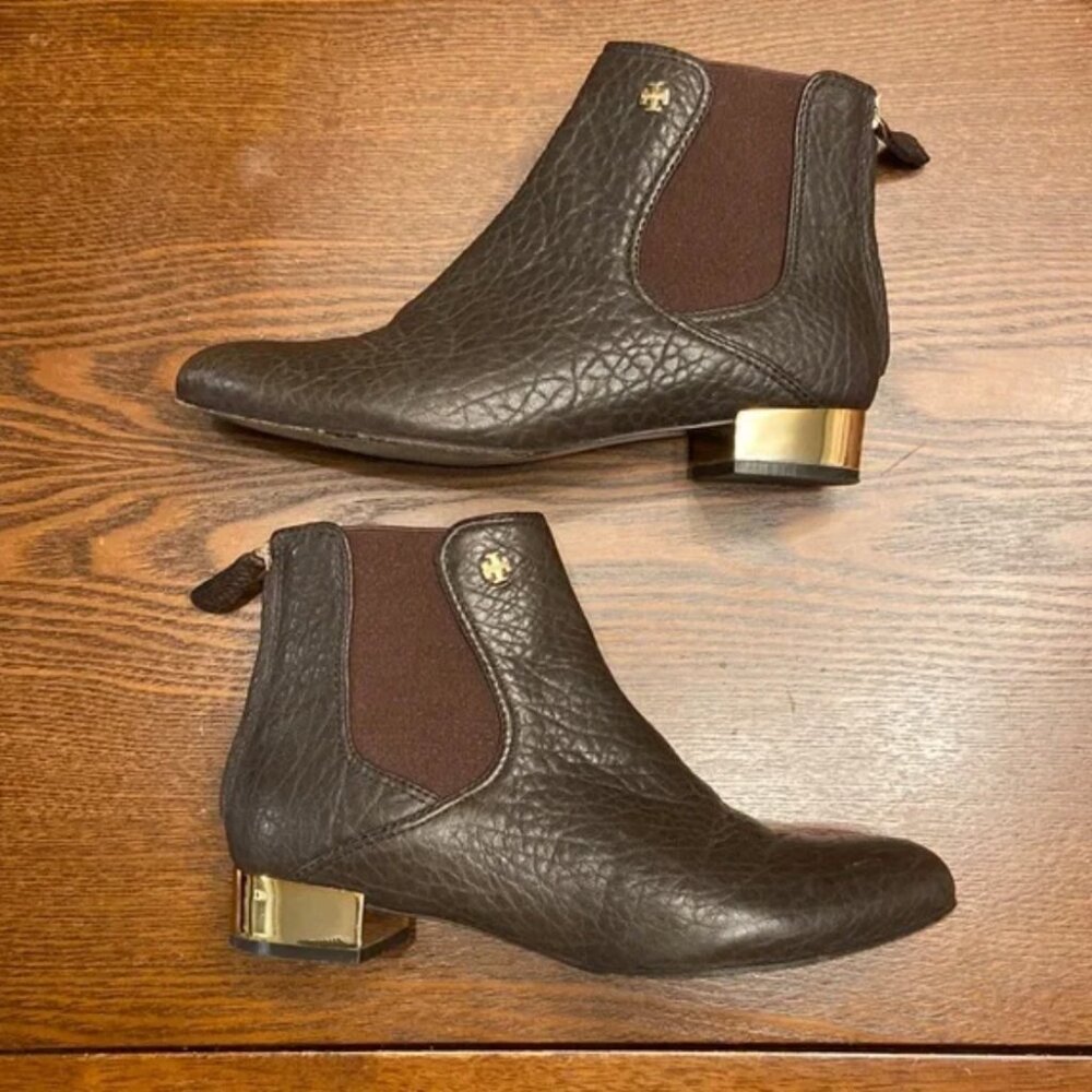 Tory Burch Brown Chelsea Boot with Back Zip & Metallic Gold Heel